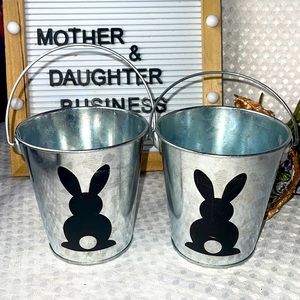 Easter Basket Cotton Tail Farms Metal Silver Tin Bucket chalk Bunny Rabbit NWOT